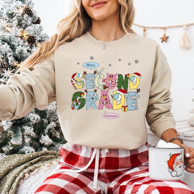 Second Grade Teacher Christmas Sweatshirt, 2nd Grade Christmas T-shirt, Elephant And Piggie Christmas Shirt, Santa's...