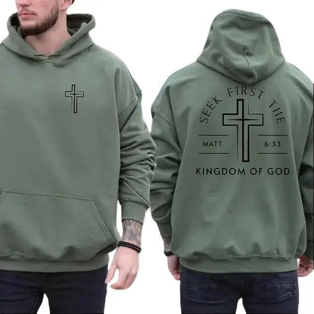 Seek First The Kingdom Of God 2 Sided Graphic Hoodie Fleece Fabric Casual Hooded Sweatshirt Trendy Tops Perfect Gift T-Shirts