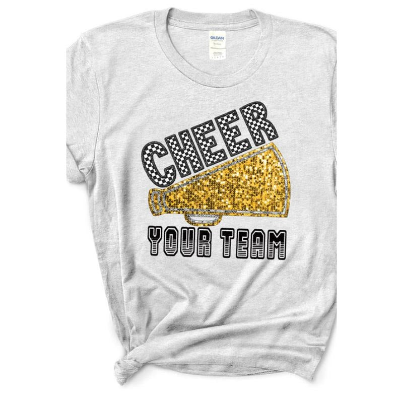 Sequin Gold Cheer Your Team Short Sleeve Relaxed Fit T-Shirt Hoodie, Sweatshirt | UrbanDripWear.com