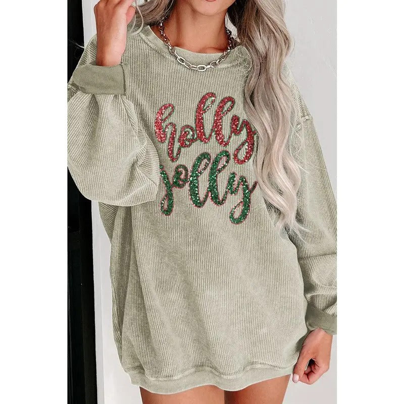 Sequin Holly Jolly Corded Sweatshirt T-Shirts, Hoodie | UrbanDripWear.com