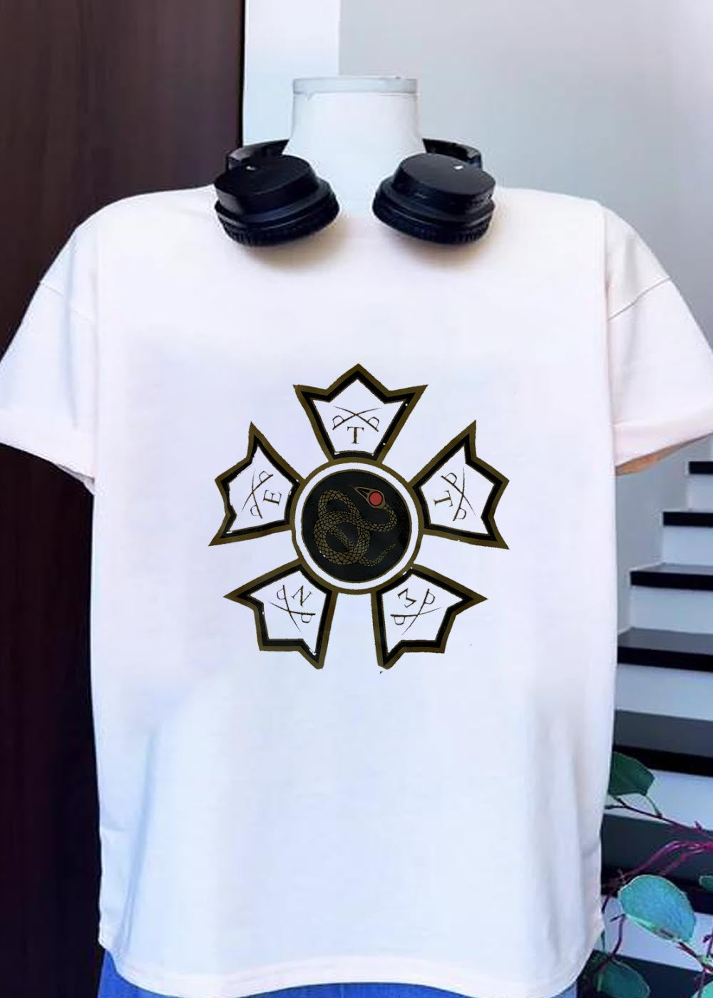 Serpent Emblem Sword T P E P N Z P Logo Graphic T-Shirt