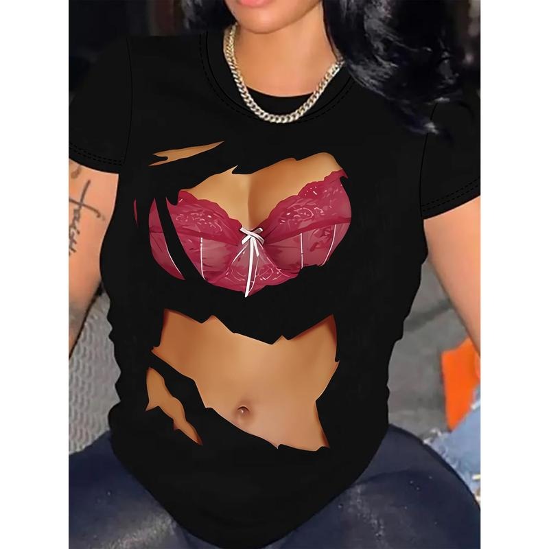 Sexy 100% Polyester Print T-Shirt - Crew Neck Short Sleeve Casual Top - Women's All-Season Regular Length Tee for Spring...