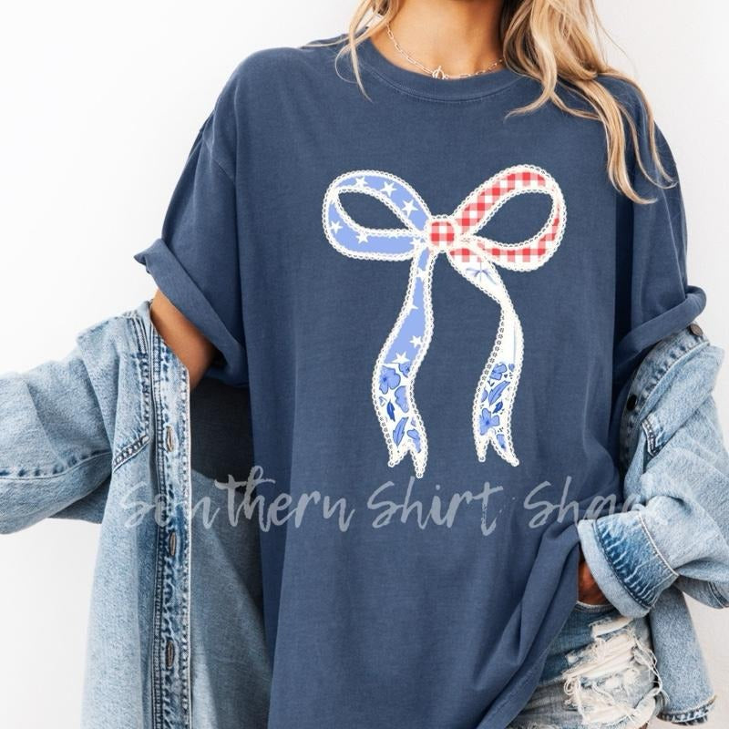 Shabby Chic Patriotic Bow t shirt  | Denim comfort colors t shirt | 4th of July T shirt Hoodie, Sweatshirt