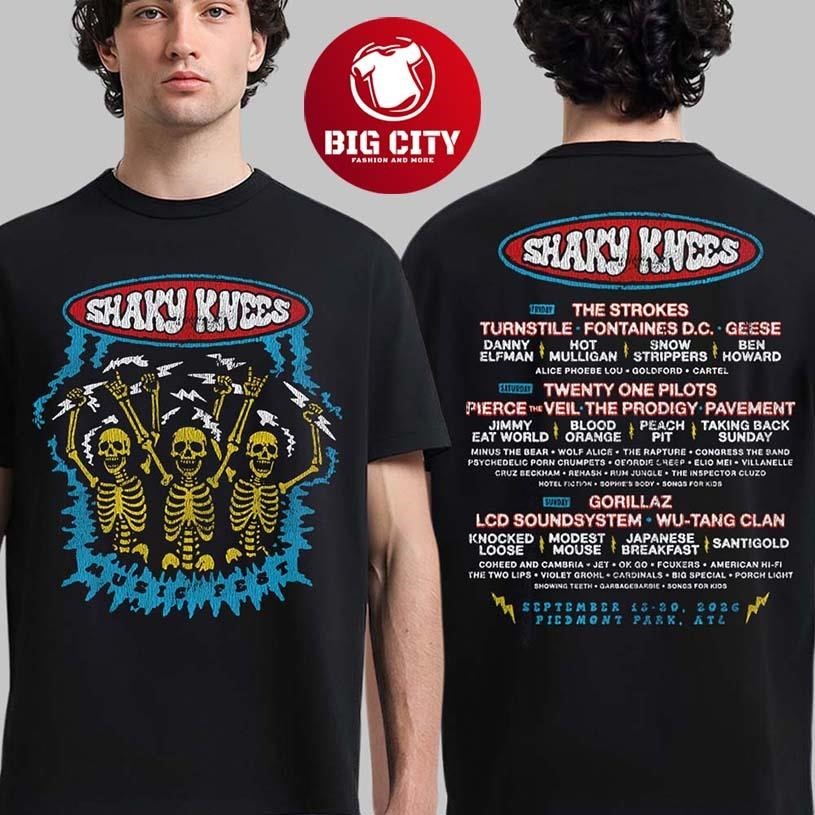 Shaky Knees Music Festival 2026 At Piedmont Park Atlanta GA On September 13-20 2026 Electric Skeleton Lineup Two Sided Shirt