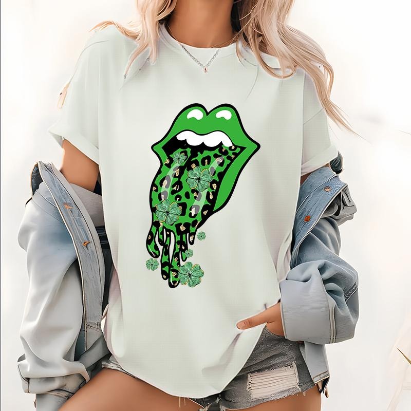 Shamrock Lips T Shirt, Cute St Patricks Day Pattern Tops, Dripping Lips Short Tees, St Patricks Day T-Shirt, Lips Tongue...