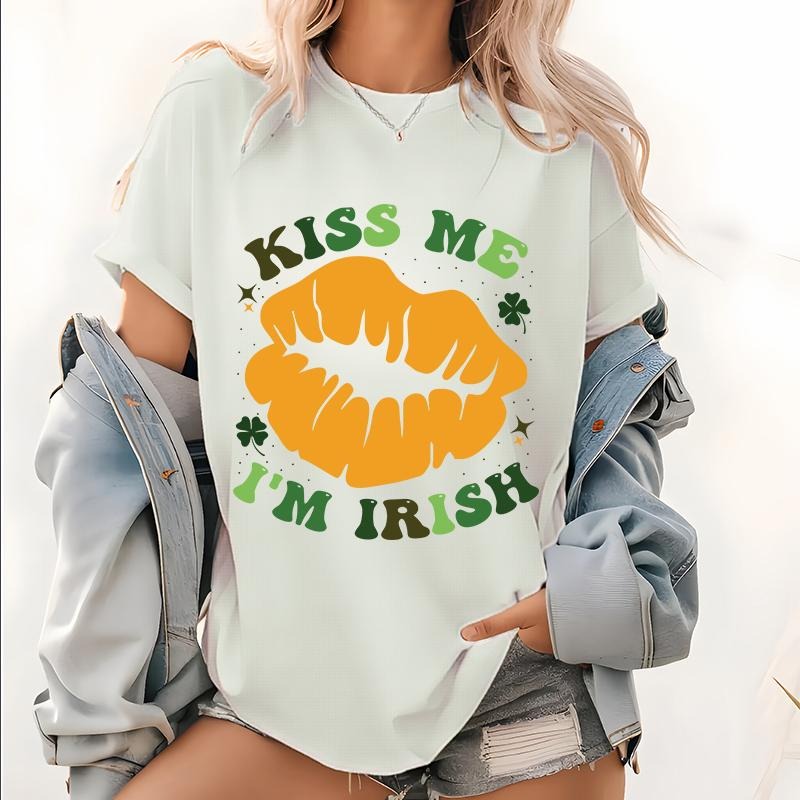 Shamrock Lips T Shirt, Cute St Patricks Day Pattern Tops, Lips Short Sleeve Tees, St Patricks Day T-Shirt, Lips Tongue...