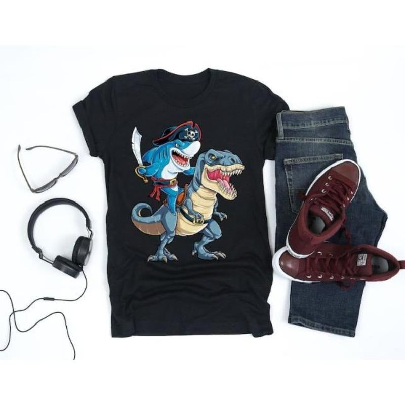Shark Pirate Riding Dinosaur T rex Shirt / Shark Shirt / Shark Gifts / Sharks / Shark Tshirt / Shark Lover Made In USA...