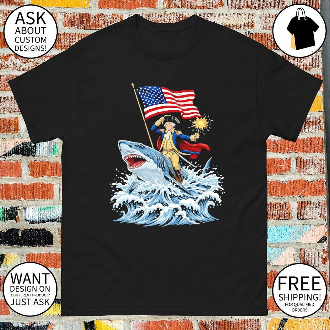 Shark Riding George Washington Patriotic 4th of July American flag shirt