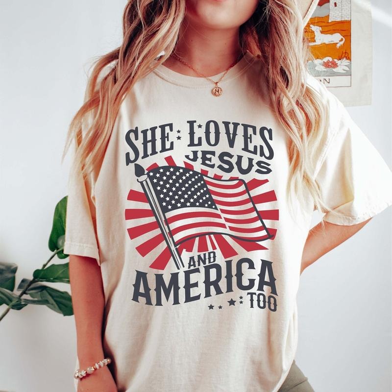 She Loves Jesus And America Too Independence Day Tshirt  Pure Cotton Fabric Casual Streetstyle Crew Neck Short Sleeve...
