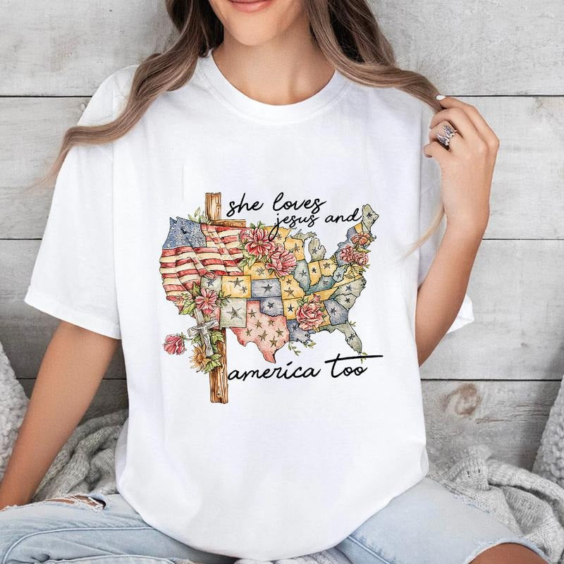 She Loves Jesus And America Too Tshirt  Pure Cotton Fabric Casual Streetstyle Crew Neck Short Sleeve T-Shirt Trendy Tops...