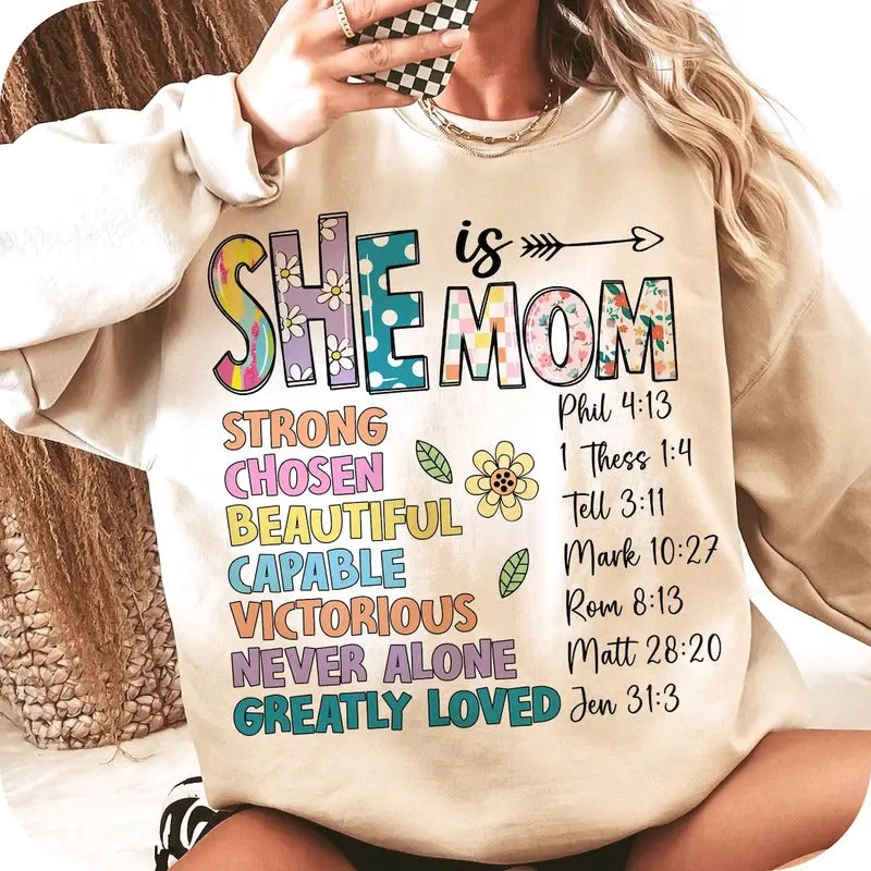 She is Mom Shirt, Flower Mom Shrt, Blessed Mom, Mother's Day Shirt, Retro Mama Quotes Cotton Womenswear Hoodie, Sweatshirt