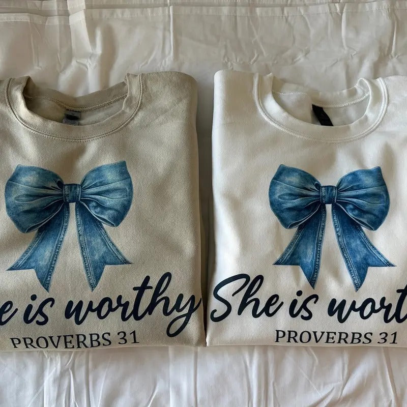 She is Worthy Christian Sweatshirt Proverbs 31 Sweatshirt Christian Sweatshirt T-Shirts, Hoodie | UrbanDripWear.com