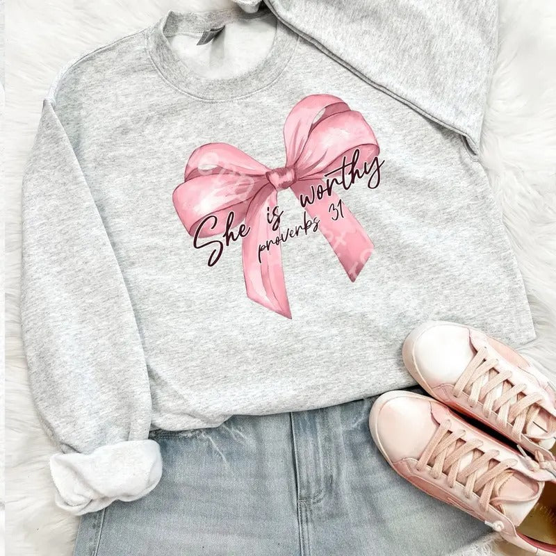 She is Worthy coquette bow Sweatshirt | Ash Gray Sweatshirt jesus shirt Hoodie | UrbanDripWear.com