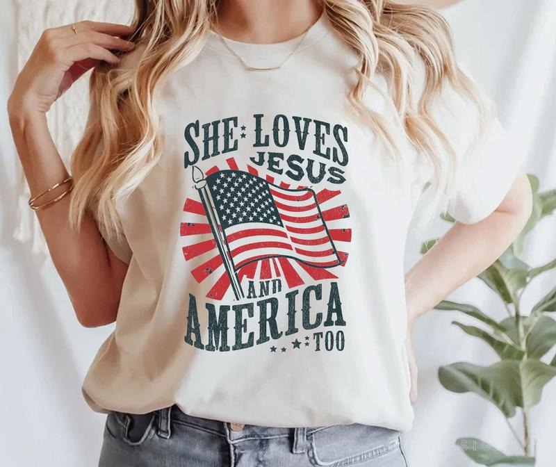 She loves Jesus and America Too Shirt, Christian Shirt, 4th of July Shirt Hoodie, Sweatshirt | UrbanDripWear.com