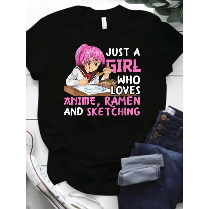 Short Sleeve Anime & Letter Print Crew Neck T-Shirt for Spring & Summer, Women's Casual Clothing style 02 Hoodie, Sweatshirt