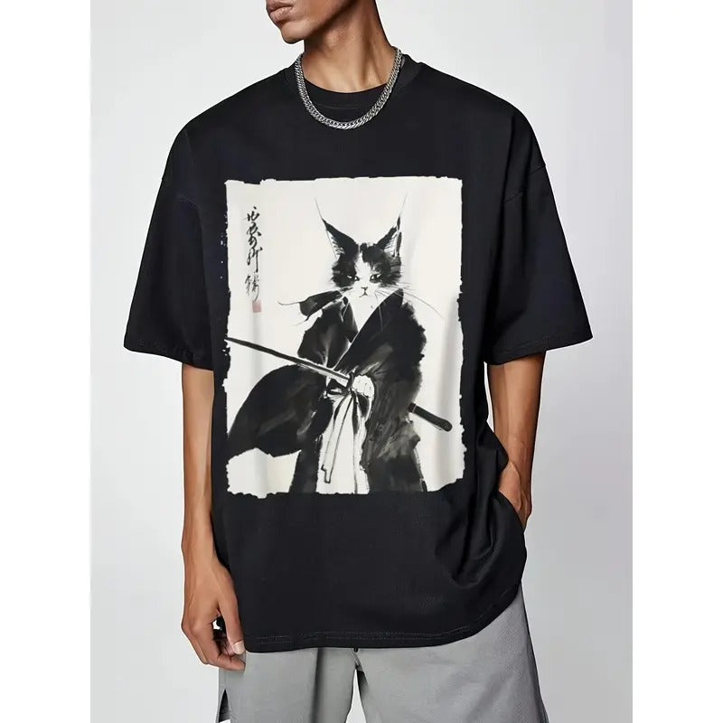 Short Sleeve Cotton Blend Men's Casual Comfort T-Shirt with Ink Cat Samurai Print