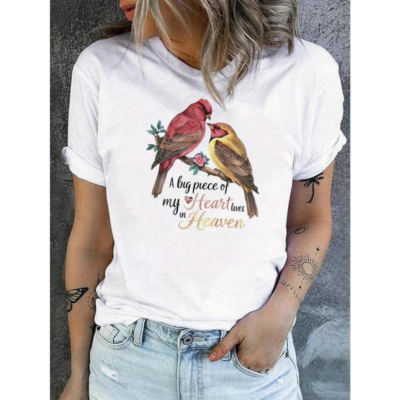 Short Sleeve Crew Neck Bird Print T-Shirt for Spring & Summer, Casual Women'S Clothing Hoodie, Sweatshirt | UrbanDripWear.com