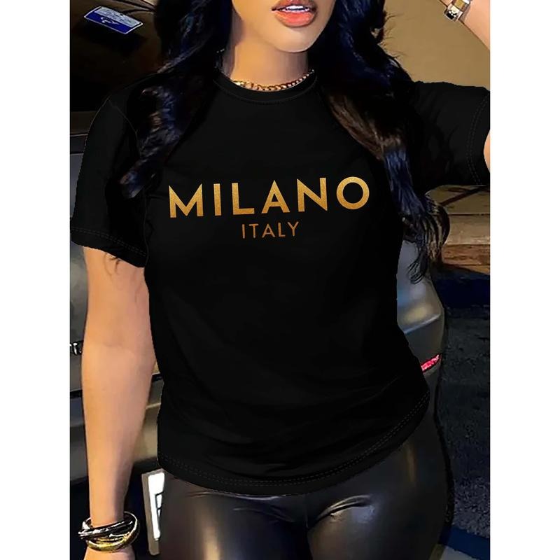 Short Sleeve Crew Neck Milano Letter Print T-Shirt, Casual Women's Clothing for Spring & Summer Hoodie, Sweatshirt