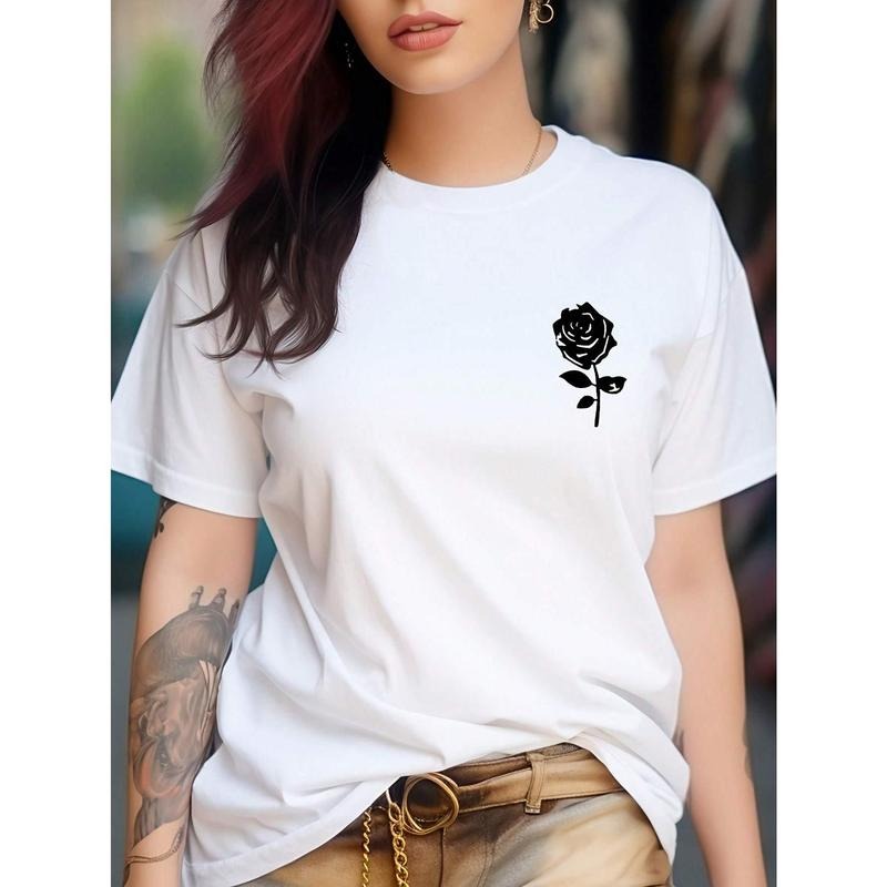 Short Sleeve Crew Neck Rose Print T-Shirt for Spring & Summer, Casual Women's Clothing Hoodie, Sweatshirt | UrbanDripWear.com