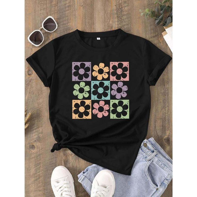 Short Sleeve Floral Print Crew Neck T-shirt, Casual Top For Summer & Spring, Women's Clothing Hoodie, Sweatshirt