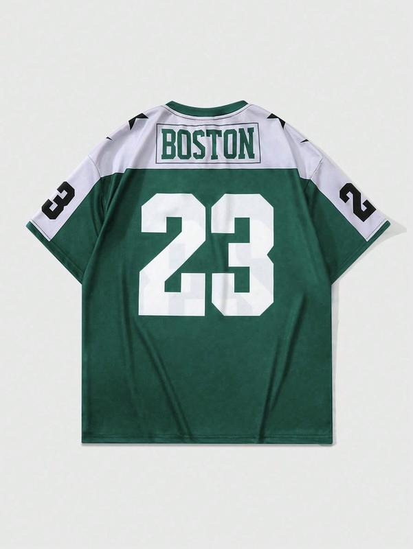 Short Sleeve Letter Graphic Jersey Shirt V Neck Athletic Sports Jersey T Shirts Streetwear Hoodie, Sweatshirt