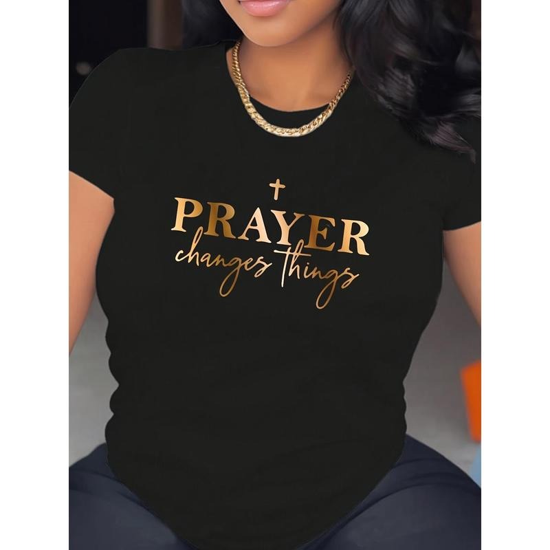 Short Sleeve Prayer Print Crew Neck T-Shirt for Spring & Summer, Casual Women's Clothing Hoodie, Sweatshirt