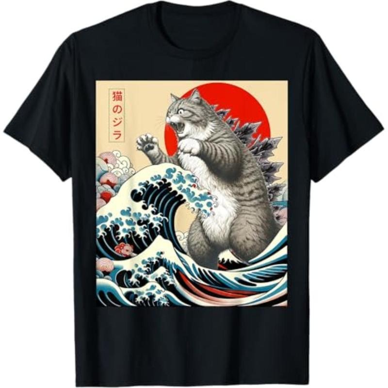 Short Sleeve Print Catzilla Cat Japanese Art Funny Cat Gifts For Men Women Kid T-Shirt Hoodie, Sweatshirt | UrbanDripWear.com
