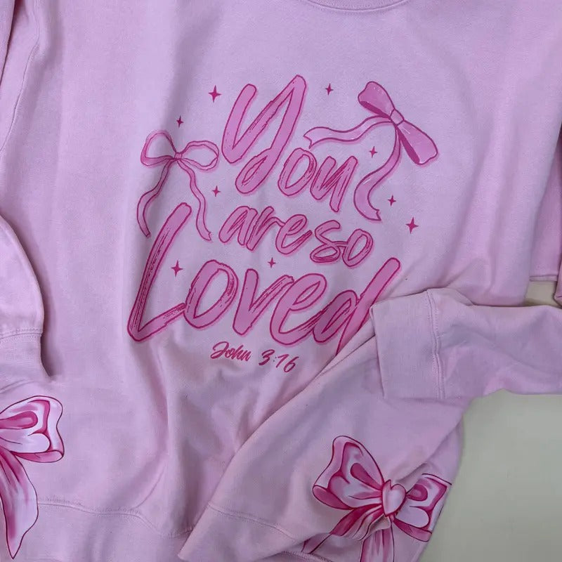 Side Bows Script So Loved Unisex NuBlend Crew Sweatshirt VALENTINES 2025 T-Shirts, Hoodie | UrbanDripWear.com