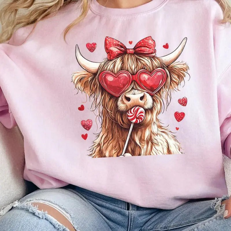 Side Bows Sucker For Love Unisex NuBlend Crew Sweatshirt Valentine Highland Cow T-Shirts, Hoodie | UrbanDripWear.com