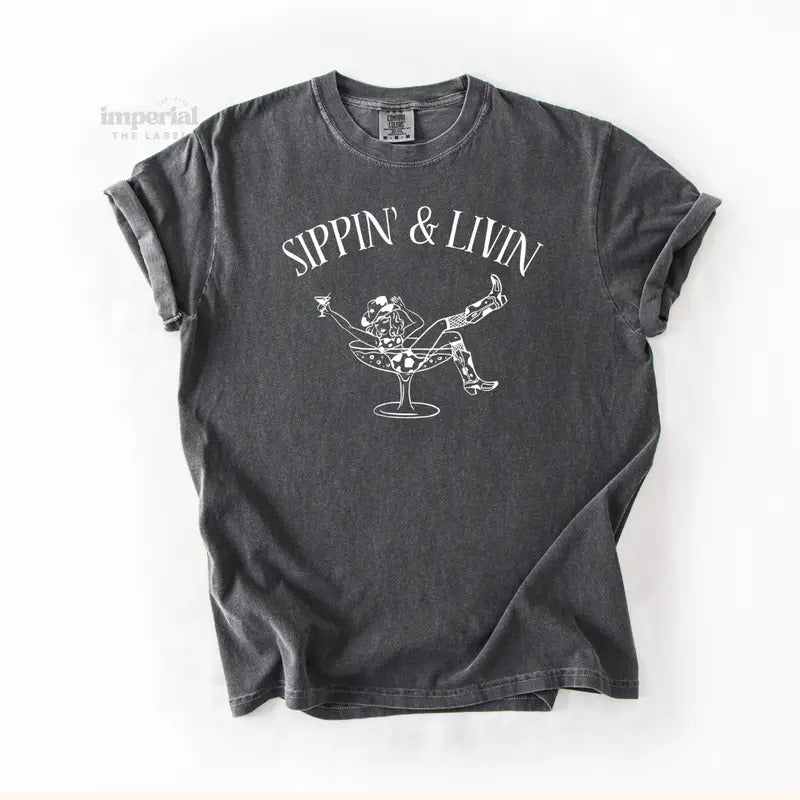 Sippin' & Livin Comfort Colors T-Shirt, Oversized Vintage-Washed Tee, Soft Garment-Dyed Cotton, Aesthetic Streetwear,...