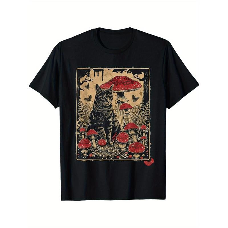 [Sitting Cat on Poison Mushroom Tee] Pastoral Cat T-shirt Sitting on Poison Mushroom Hoodie, Sweatshirt | UrbanDripWear.com
