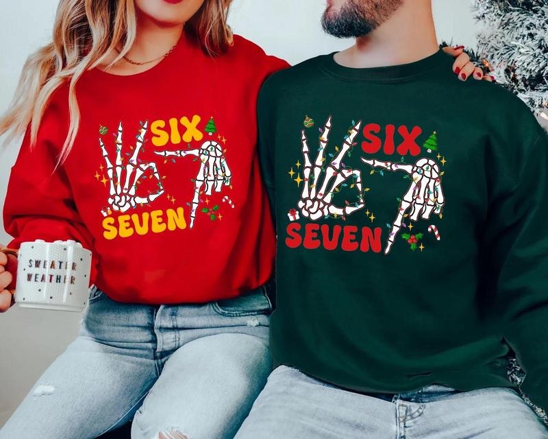 Skeleton 6 7 Christmas Sweatshirt, Six Seven Meme Christmas Shirt , Six Seven Christmas Shirt, Santa Says Six Seven...