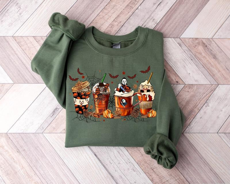 Skeleton Coffee Cups Sweatshirt, Fall Coffee Cups Sweatshirt, Skull Coffee Cup Sweatshirt, Skeleton Halloween Shirt,...