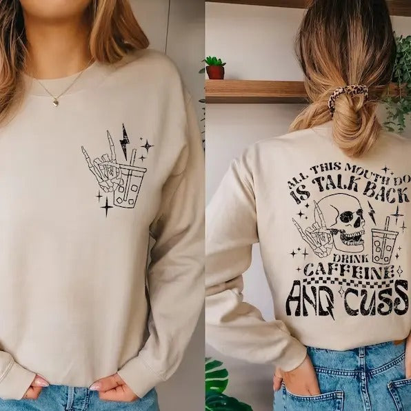 Skeleton Coffee Sweatshirt, Retro Halloween Sweater, Skull Caffeine Shirt, Skeleton Hand Halloween Hoodie | UrbanDripWear.com