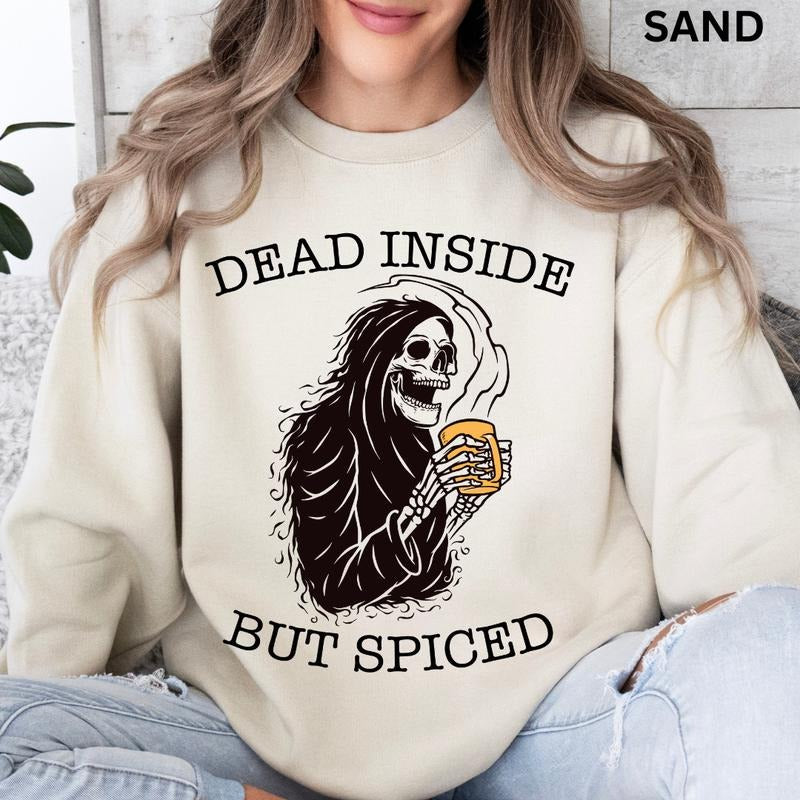 Skeleton Halloween Crewneck, Halloween Dead Inside but Spiced Sweatshirt, Oversized Halloween Graphic Crewneck, Cotton...