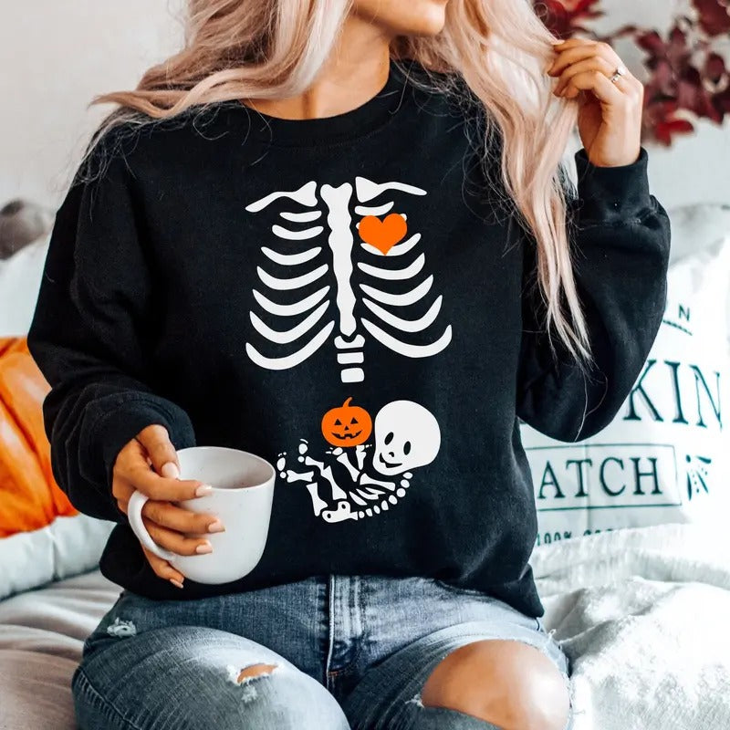Skeleton Halloween Maternity Sweatshirt, Funny Pregnancy Announcement Shirt, Pregnant Women Costume, Fall New Mom...