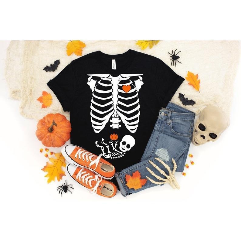 Skeleton Maternity Halloween Shirt, Pregnant Skeleton Shirt, Halloween Pregnancy Shirt, Halloween Maternity Shirt,...