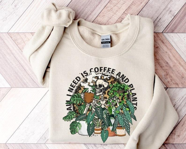 Skeleton Plant Lover Sweatshirt, All I Need Is Coffee And Plants Sweatshirt, Halloween Leopard Plant Lady Shirt, Gift For...