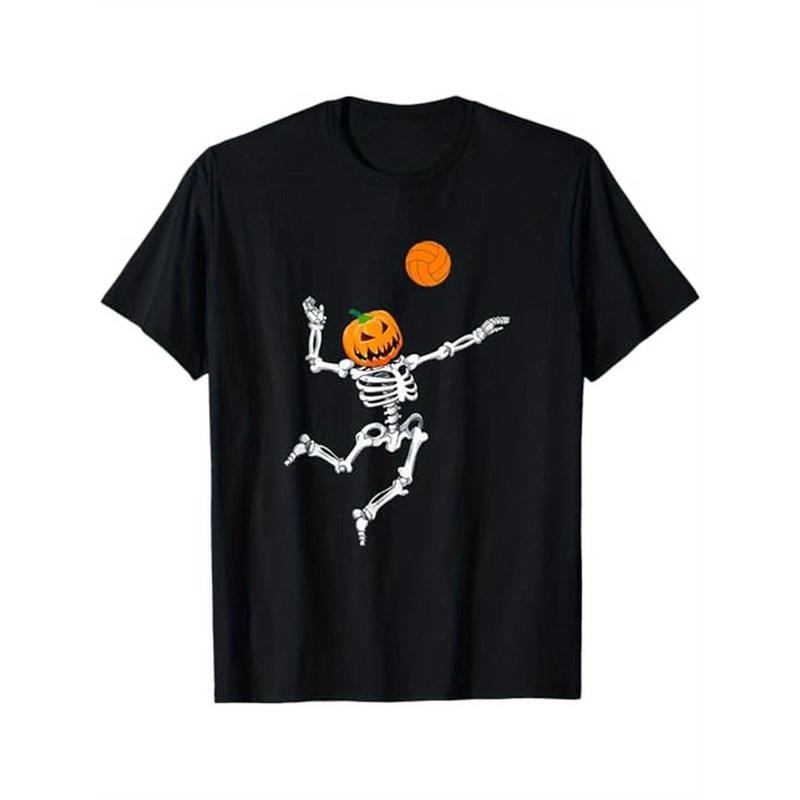 Skeleton Volleyball Halloween Pumpkin T-Shirt, 100% Cotton, Gift for Men Women Dad Mom Friends, S-XXXL, Black made in usa...