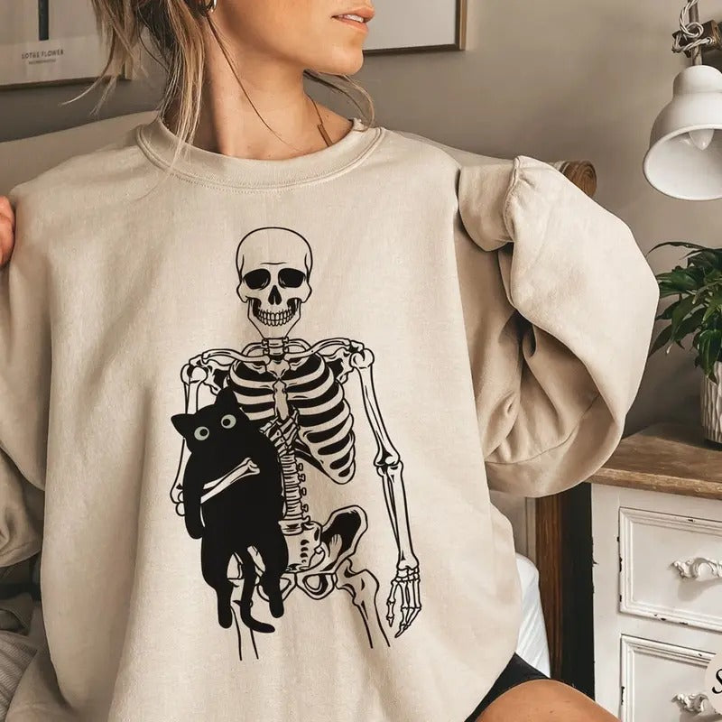 Skeleton and Cat Sweatshirt, Black Cat Halloween Shirt, Spooky Cat Mom Sweater Hoodie | UrbanDripWear.com