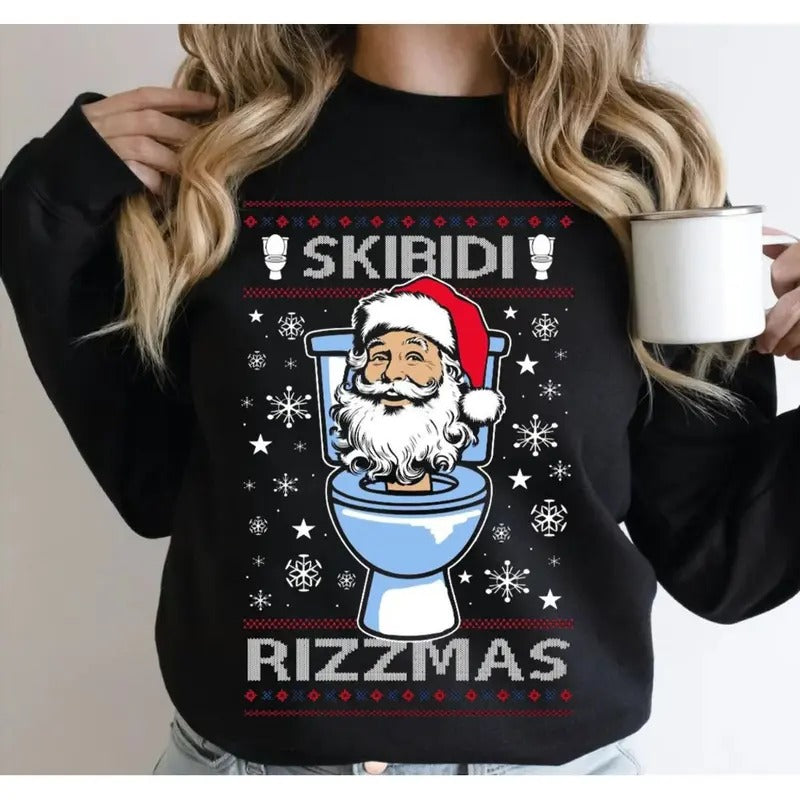 Skibidi Rizzmas Funny Toilet Video Viral Brain Rot Meme Ugly Christmas Sweatshirt, Slang Brainrot Memes Ugly Christmas...