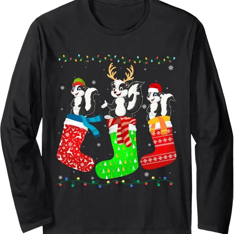 Skunk in Xmas Socks Funny Holiday Ugly Sweater Christmas Long Sleeve T-Shirt Hoodie, Sweatshirt | UrbanDripWear.com