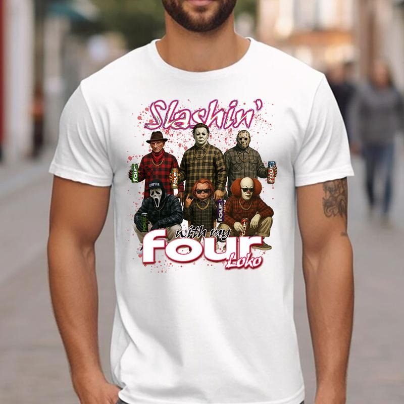 Slashin With My Four Loko Shirt, Horror Characters Shirt, Energy Drink Tee, Halloween Graphic Tee Hoodie, Sweatshirt