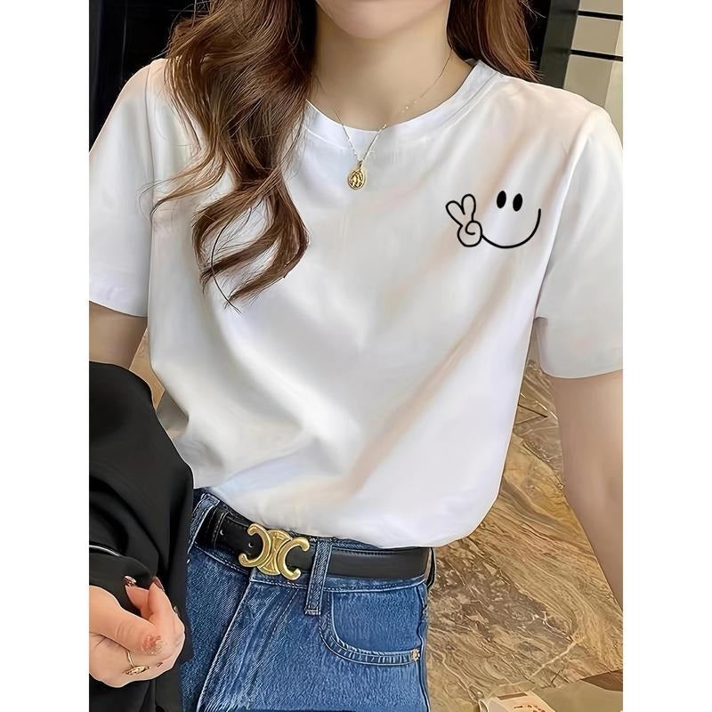 Smile Print Crew Neck T-Shirt Casual Short Sleeve T-Shirt For Spring & Summer Women's Clothing Hop Casual Female Clothing...