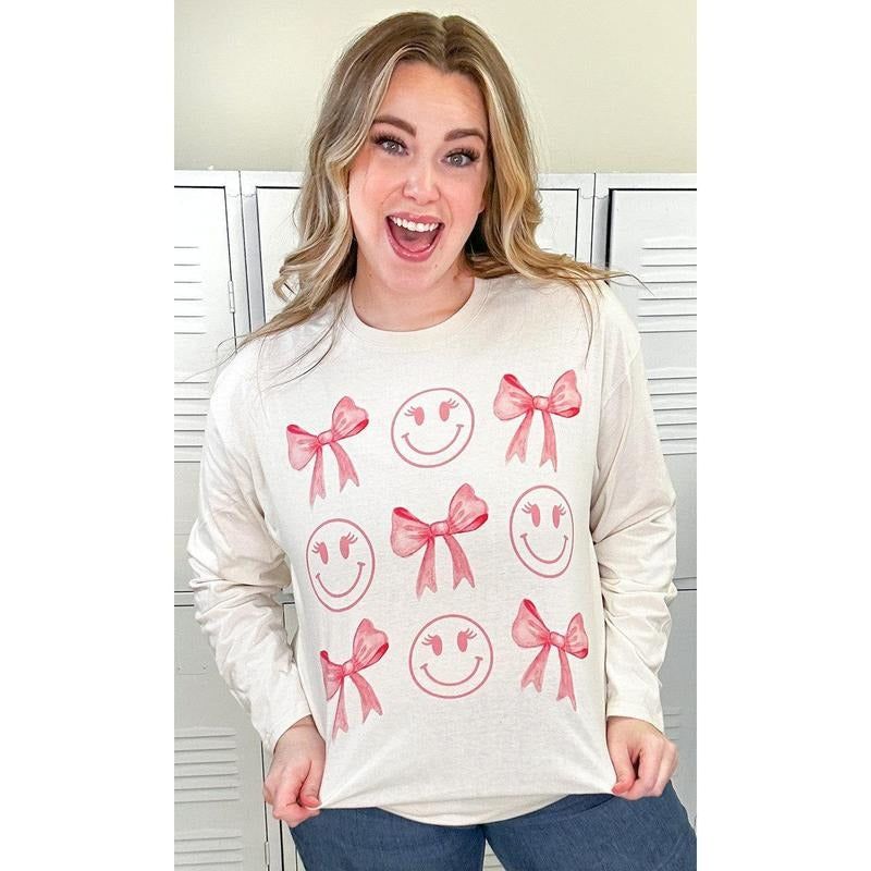 Smiley Bow Long Sleeve Graphic T-Shirt Hoodie, Sweatshirt | UrbanDripWear.com
