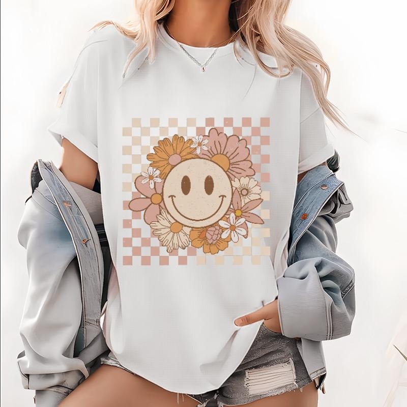 Smiley Face Shirt, Flower Shirt, Retro Smile Face, Trendy Vintage Graphic Tee, Checkered T-shirt, Plus Size Happy Face...