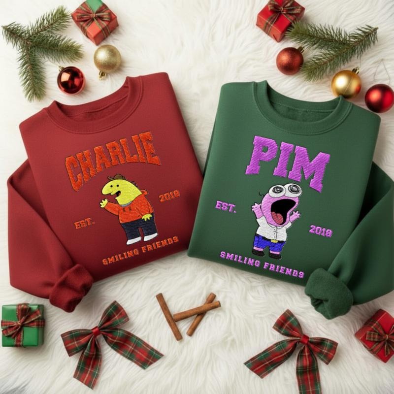 Smiling Friends Embroidered Sweatshirt, Gift For Friends, Embroidered Christmas 2025 Shirt, Hoodie | UrbanDripWear.com