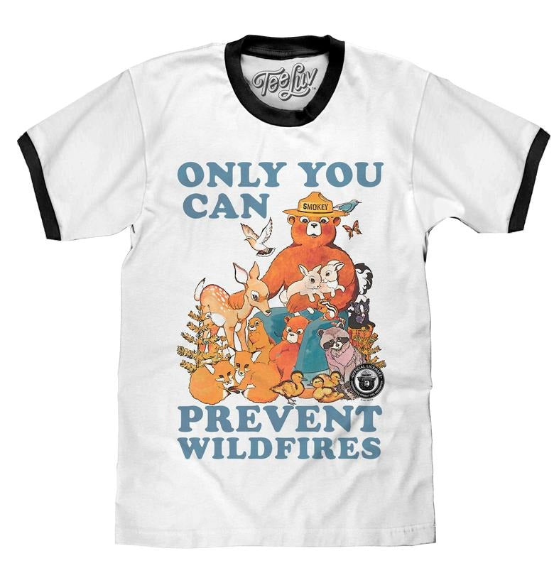 Smokey Bear Only You Can Prevent Wildfires Ringer T-Shirt - White and Black Hoodie, Sweatshirt | UrbanDripWear.com