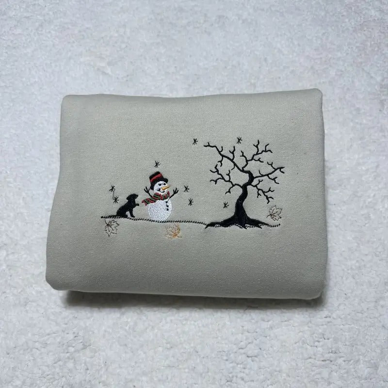 Snowman and a dog embroidered sweatshirt; Cotton Casual dog embroidered crewneck Womenswear Hoodie T-Shirts