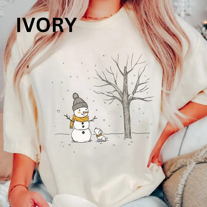 Snowman and dog Comfort Colors Women's Oversized Printed Christmas Shirt